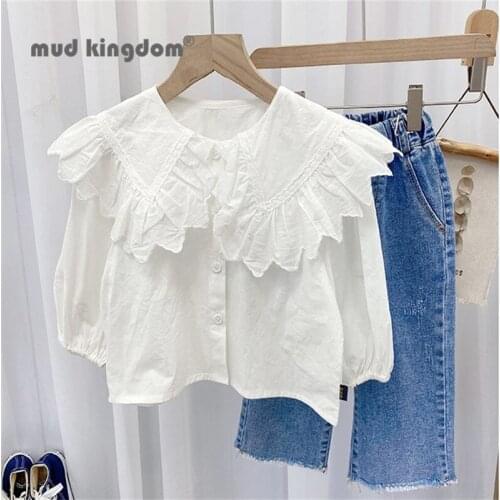 Mudkingdom Little Girls Shirts Plaid Solid Ruffles Turn-down Collar Long Puff Sleeve Kids Tops for Toddler Cute Girl Clothes