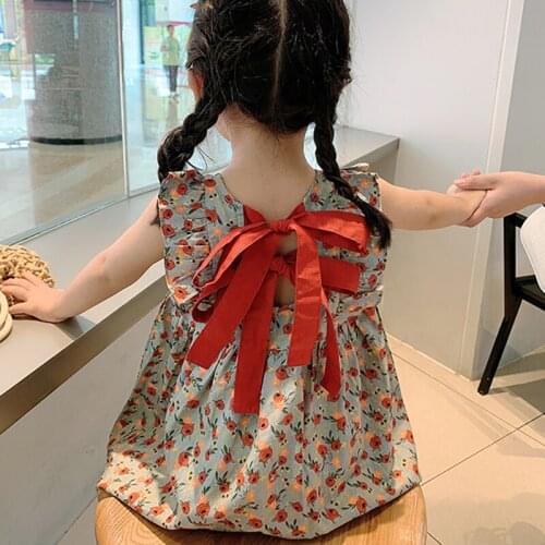 2021 New Summer Cute Dresses For Girls Kids Lovely Skirts Clothes Children Red Bow Floral Print Sleeveless Ruffles Wedding Dress