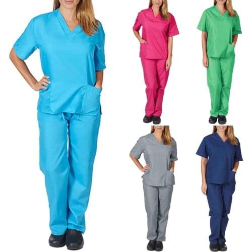 NEW Women Nurse Uniform Short Sleeve V-Neck With Pocket Work Clothes Suits High Quality Summer Workwear Scrubs Tops Pants