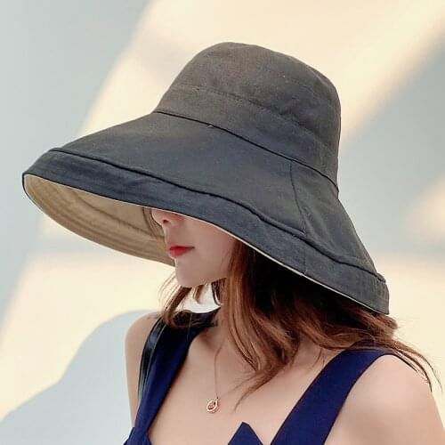 2021 anti-UV wide Brim cotton linen sun hat for women vacation summer panama foldable bucket hat large brim korean beach sun hat