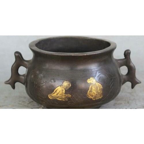 Song voge gem S2181 7 Marked Chinese Bronze 3 Foot Boy Girl Tong Zi Play Chess Incense Burner
