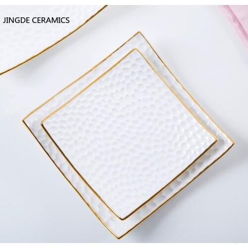 Direct marketing creative light luxury Western bone china tableware embossed square hand-painted gold ceramic cake plate
