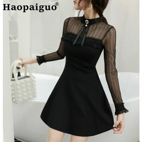 Mesh Patchwork Perspective A-line Mini Dress Women with Bow Sexy Evening Party Dress Women Black Elegant Dresses 2019 Autumn