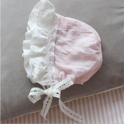Newborn Caps Hat Restonic Cap Supplies Lace and Child Baby Girl 0-9 Months Cotton Pure Pastoral Style White Pink