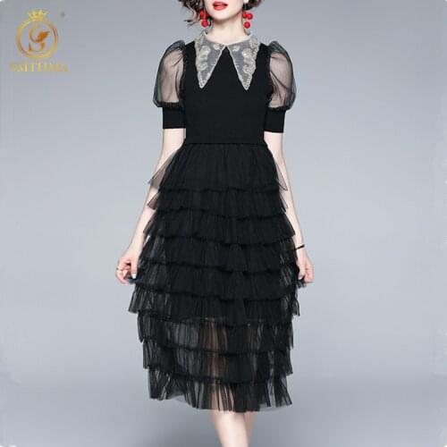 SMTHMA New 2021 Summer Fashion Mesh Patchwork Party Dress Women Lace Lapel Puff Short Sleeve Cake Midi Dress Vestidos