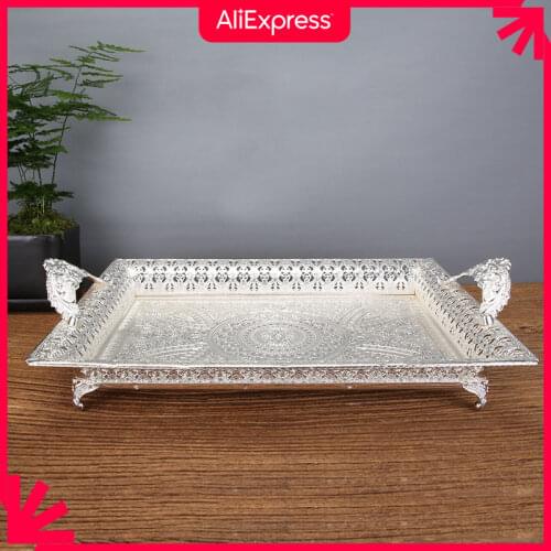 GP07 Nordic Rectangular Retro Carved Silver Plate Flower Tea Fruit Dessert Tray Storage Food Kitchen Items Vandejas Decorativa