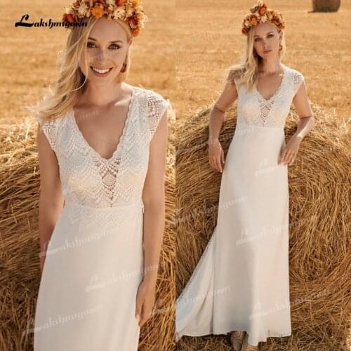Vintage Lace Beach Wedding Dresses Cap Short Sleeves Floor Length Simple Boho Bridal Gown Chiffon Long Bridal Dress Robe 2021