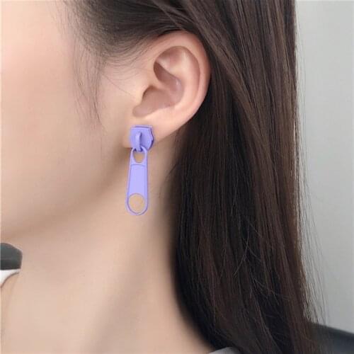 Funny purple Metal Alloy Zipper Shape Stud Earring For Women Girls Creative Colorful Charm Ear Jewelry