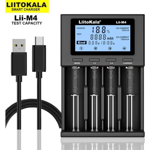 LIITOKALA LII-M4 4Slots Battery Charger 5V 2A Battery Charger for 18650 26650 14500 AA AAA Lithium NiMH Battery with LCD Display