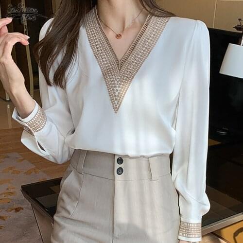 2021 Spring Office Lady Long Sleeve Blouse Fashion Solid V Neck Chiffon Blouses Women Tops Plus Size Clothing Loose Blusas 13366