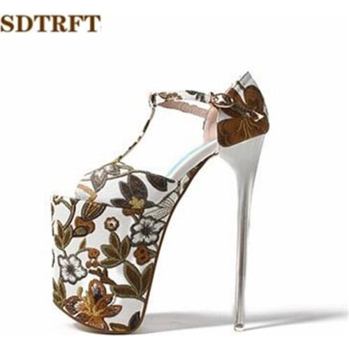 SDTRFT US10 11 12 Summer national style Sandals 20cm Thin High-Heeled Female Shoes Platform shoes Woman T-strap Peep Toe Pumps