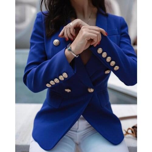 2020 Autumn New Blue Blazer High Quality Fancy Woman Jacket Full Sleeves Button Packets Claasy Vintage Coat Celebrity