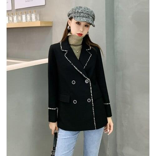 Korean Loose Vintage Casual Blazer Women Fashion Notched Collar Double Breasted Long Sleeve Office Ladies Jacket Coat