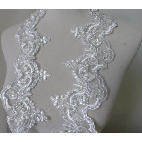 2 Yds/Lot 3D Floral Lace Beaded Sequined Wedding Lace Ivory Embroidered Scalloped Lace Applique Flower Border 7CM Free Ship