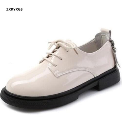 2021 New Spring Lace-UP Top cowhide Women Sneakers Bright Patent Leather Shoes Non-slip Low Heel Casual Shoes Shoes Size 35-43