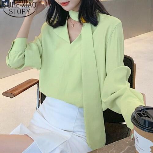 2021 Autumn New Long Sleeve Korean Avocado Green Chiffon Women Shirts V-neck Solid Sexy Women Blouses Tops Office Lady 6691 50