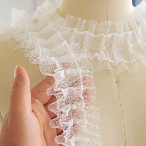 5Yard/Lot 7CM Wide Pleated Mesh Bead Lace Trim Clothes Cuff Hem Doll Dress Baby Skirt Accessories