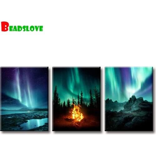 5D DIY Diamond Painting Mosaic Home decoration 3 piece Blue green northern lights landscape Full Square round Diamond Embroidery