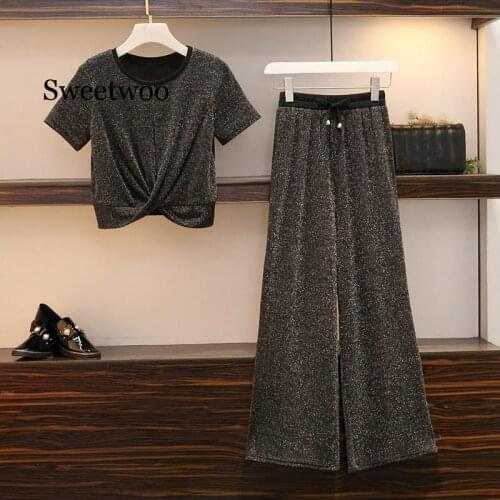 Oversize Summer Tracksuit Women Black Bling Short Sleeve Criss-Cross Tops Pant Suits + Elastic Waistl Wide Leg Trousers Suits