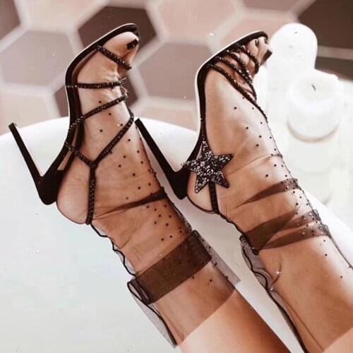 Stylish Star ladies Shoes Summer sandalia feminina Sexy Rhinestone Studded Sandals Ins Hot Black Nude Gladiator Sandals Women