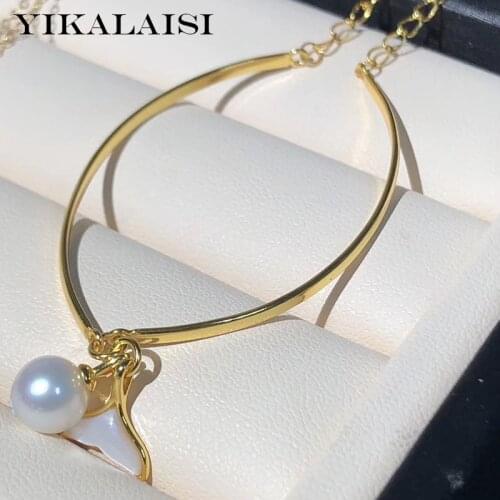 YIKALAISI 925 Sterling Silver Bracelet Jewelry For Women 7-8mm Round Natural Freshwater Pearl Fishtail Bracelet Wholesale