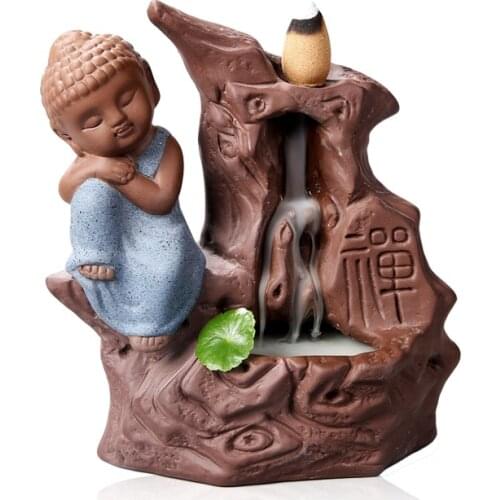 Home Decor Creative Buddhism Buddha Monk Incense Burner Bullet Blackflow Incense Cones Or Burner Smoke Ceramic Censer Burner