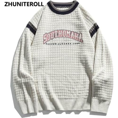 Plaid Letter Knitted Jumper Sweaters Mens Hip Hop Harajuku Pullover Knitwear Fashion Knit Outwear Male Couple Tops Streetwear