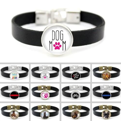 Dogs Mom Horse Paw Leather Bracelets Jesus Butterfly Firefighter Thin Blue Line Bicycle Bike Charms Bracelets Women Jewelry