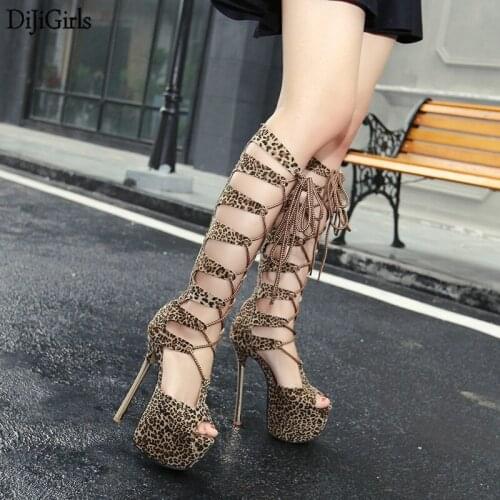 16cm Heel Summer Boots Sexy Cross Strappy Sandals Fashion Cutout Long Boots Women Leopard Sandals Ladies Platform Sandals