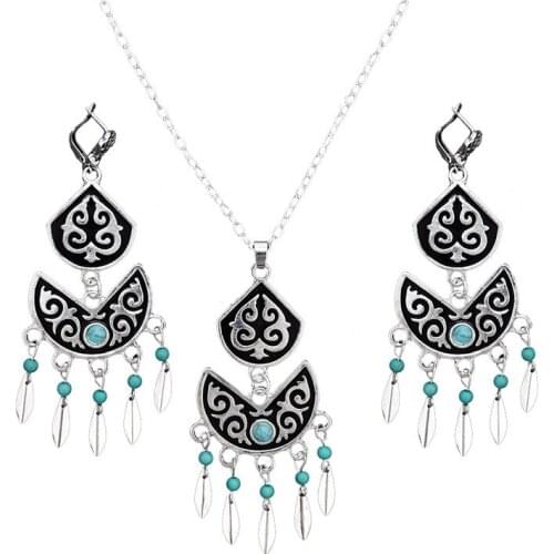 Fashion Turkish Women Party Jewelry Sets Vintage Leaf Tassels Necklace Earrings Sets Antique Statement Resin Blue Stone Jewelry