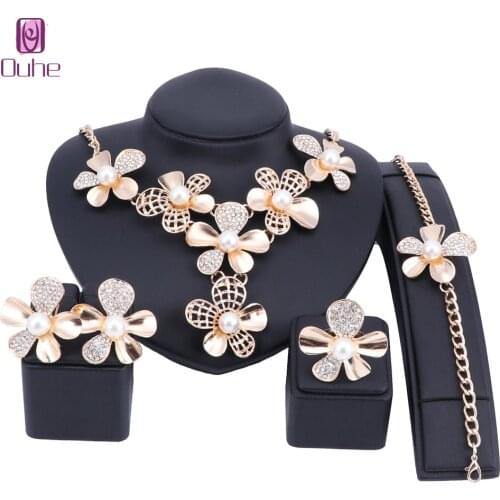 Fashion Imitation Pearl Crystal Dubai Gold-Color Jewelry set African Beads Costume Acessories Bridal wedding Jewelry Sets
