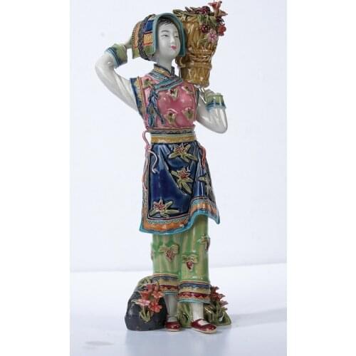 Painted porcelain chinese ethnic minority girl with plants ornament doll decoration lady figure Sculpture statue