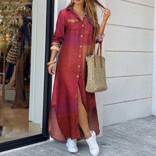 Autumn Long Dresses for Women Vintage Dress Plaid Long Sleeve Shirt Dress Women Casual Dress Pocket Button Soft Girl Print Dress