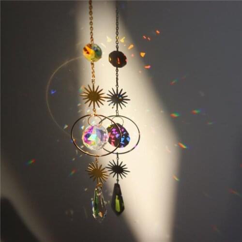 Crystal Wind Chime Star Moon Pendant Sun Suncatcher Plated Colorful Beads Hanging Drop For Outdoor Indoor Garden Geometric