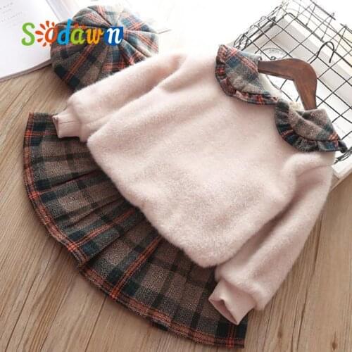 Sodawn Girls Clothes Set Winter Warm Cartoon Doll Collar Sweateshirt+ Plaid Skirt Plush 2Pcs Plus Velvet Thicke Toddler Cl