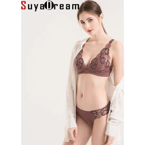 SUYADREAM 2020 Bra Set 100%Real Silk and Floral Lace Wire Free Comfort Bras and Panties Thin padded Healthy Underwears