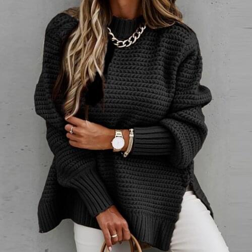 Fall Winter Female Sweater Casual Half-high Collar Solid Color Long Sleeve Top Side Slit Knitted Sweater Oversize Women Sweaters