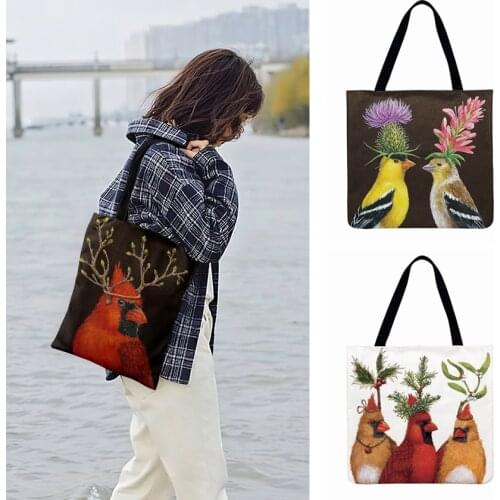 Outdoor Beach Bag Ladies Shoulder Bag Oil Painting Bird Printed Tote Bag For Women Casual Tote Linen Febric Shopping Bag