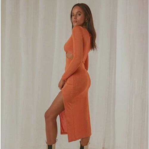 2021 Spring Aututmn Dresses Sexy Women Solid Color Halter Dress, Long Sleeve Deep V-neck Side Split Hollow Out Long Dress