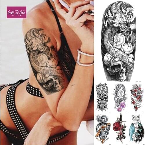 Waterproof Temporary Tattoo Sticker Japanese Skull Dragon Flash Tatto Lotus Tiger Lion Body Art Arm Fake Tatoo Women Men