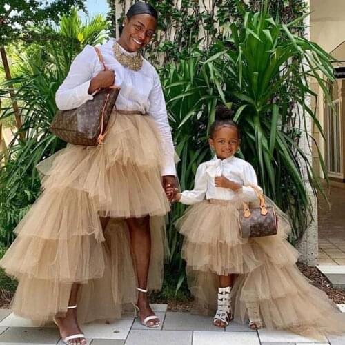 Khaki Mother And Daughter Skirts Brand Tulle Banquet Long Tutu Tiered Girl Dresses Formal Wedding Puffy Ropa Infantil De Flores