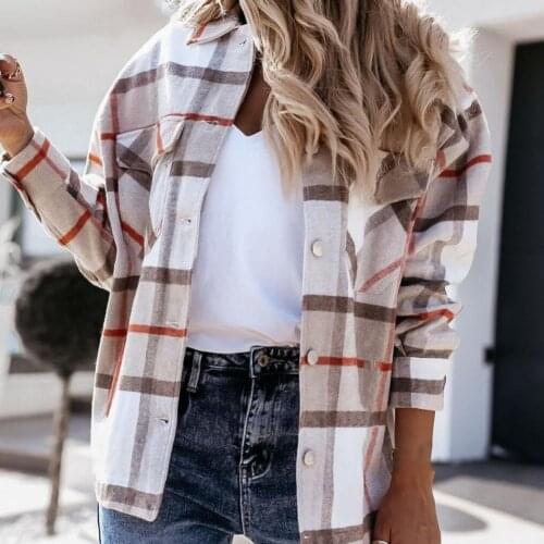 2021 New Simple Casual Plaid Loose Shirt Coat 4 Colors Women Long Sleeve Lapel Shirt for Daily Shopping Work Life