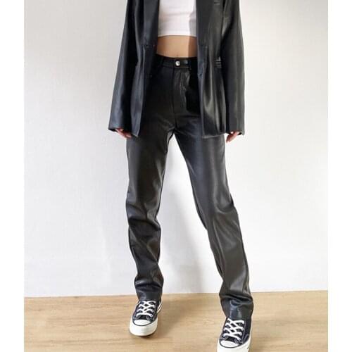 2021 Cargo Pants Women Black Faux Leather Pants High Waist Pants Pockets Fashion Sexy Straight Trousers Streetwear