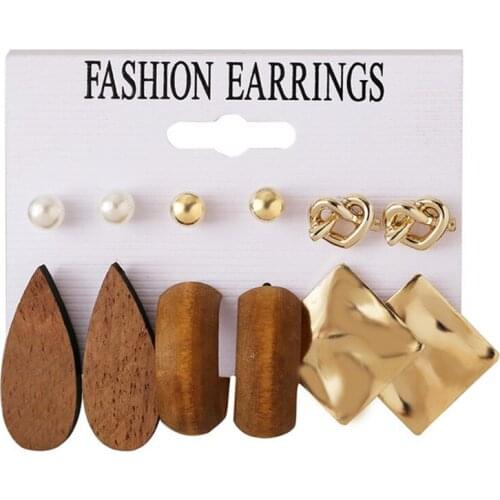 Geometric Imitation Pearls Wood Earring For Women Metal Knot Stud Earrings Set Femme Fashion Brincos Jewelry christmas earrings