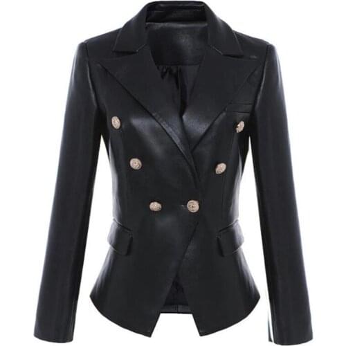 2021 Fall Spring Women Black Blazer Leather Jacket Coat Lion Metal Buttons Streetwear PU Slim Suits Overcoat Female Outerwear