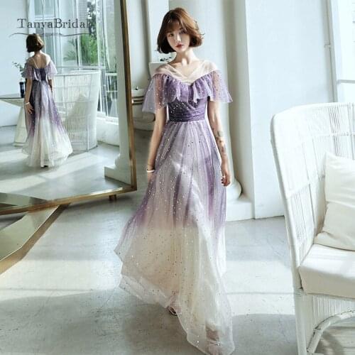 Vestido De Fiesta 2020 Gradient A-Line Tulle Prom Dresses V-Neck Crystal Women Evening Party Gowns