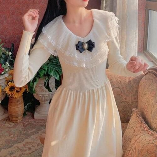 French Vintage Knitted Dress Women Long Sleeve Ruffled Elegant Princess Midi Dresses 2021 Fairy Korean Party Dresses Office Lady