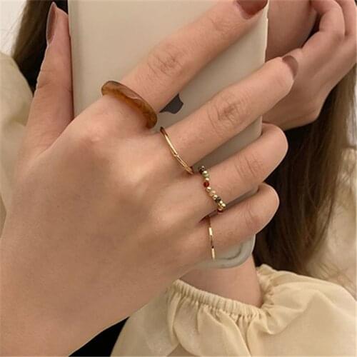 AOMU New Korean Retro 4PCS/Set Minimalist Geometric Metal Multicolor Resin Beaded Stacked Ring Set for Women Jewelry Gifts