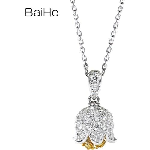 BAIHE Genuine Solid 18K White+Yellow Gold Yellow Diamonds White Diamonds Fine Jewelry Wedding Gift Trendy Flower Pendant Women