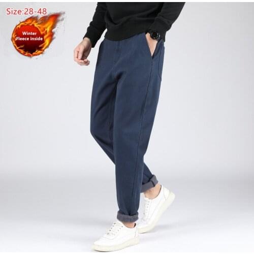 Winter Pants Men Fleece Warm Casual Boy Elastic Large Size 42 44 46 48 Plus Stretched Thicken Loose Man Velvet Mens Trousers